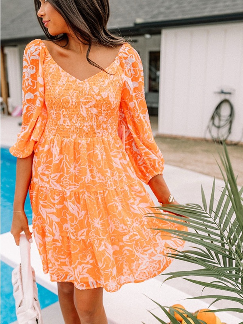 Skies Are Blue , Orange Floral Smocked Tiered Mini Dress